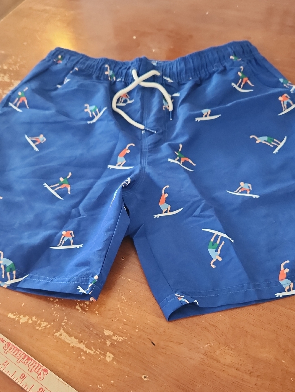 Men's Blue Surf Print Swim Trunks with Drawstring Waist